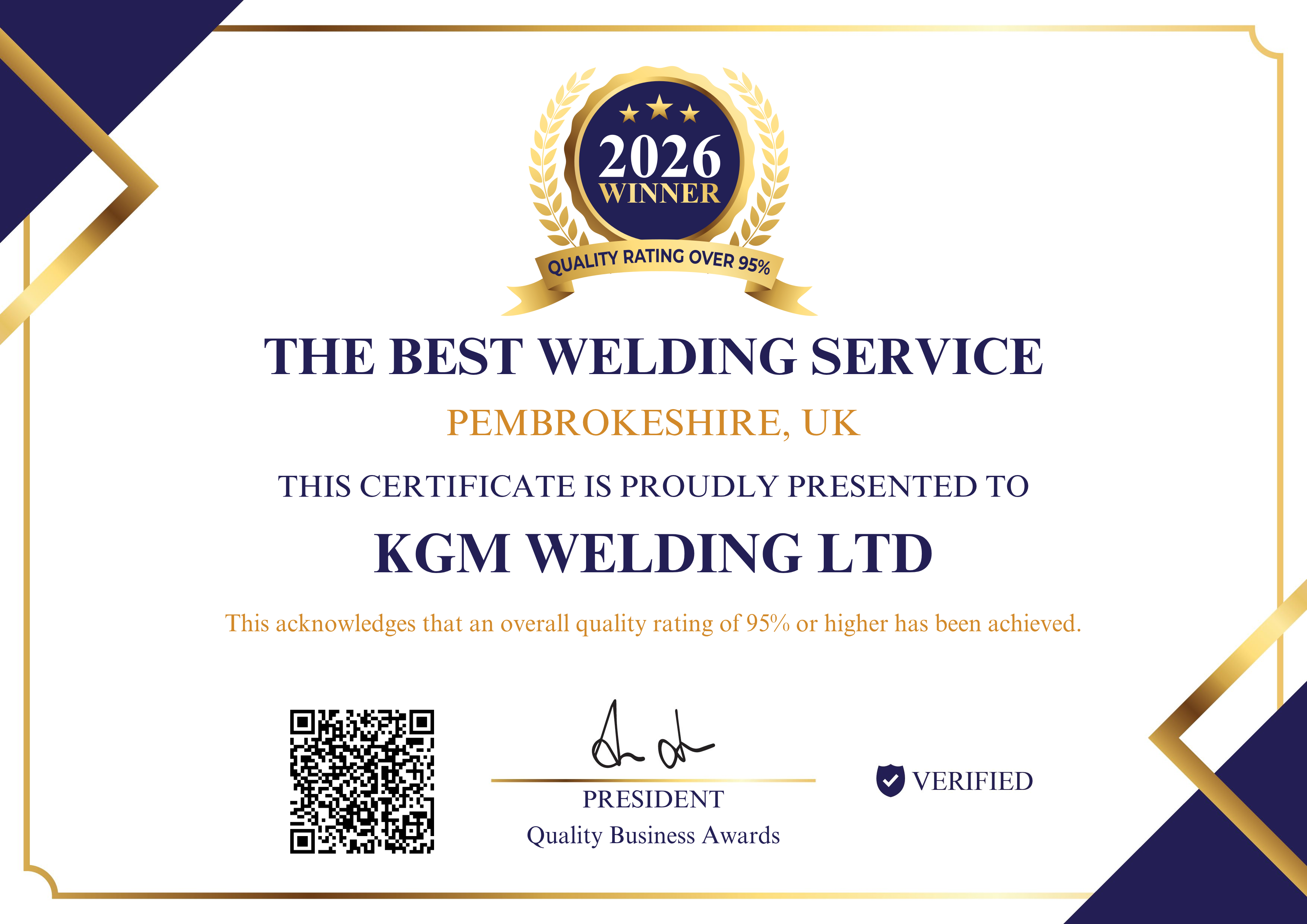 The Best Welding Award Certificate